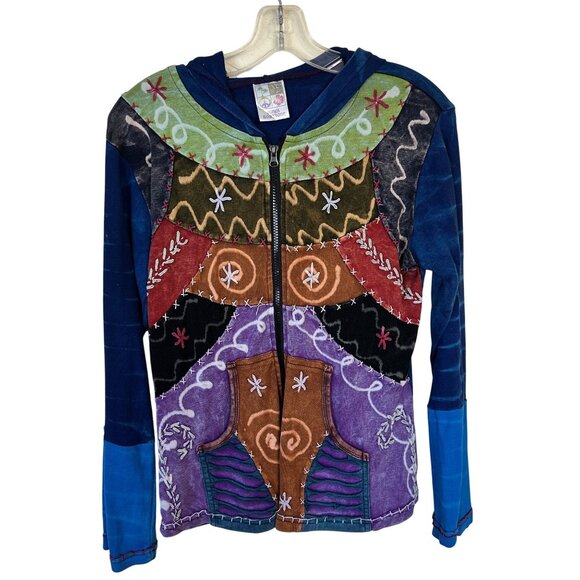 Womens Colorful Patchwork Hoodie Zip Up Embroidery Hood Pockets Medium Hippie - Picture 1 of 7